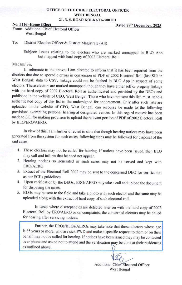 abhishekaitc's tweet photo. Trinamool has consistently worked to address public concerns in a constructive manner. Our delegation raised this issue today before the CEO, WB and we are glad that steps were taken subsequently to provide relief.

We respectfully request the @ECISVEEP to consider the cases of senior citizens on compassionate grounds, particularly those above 60 years of age who are living with medical conditions or comorbidities. We hope such individuals may be spared from being called for hearings, so as to avoid any undue hardship. HUMANITY must always remain our guiding principle.