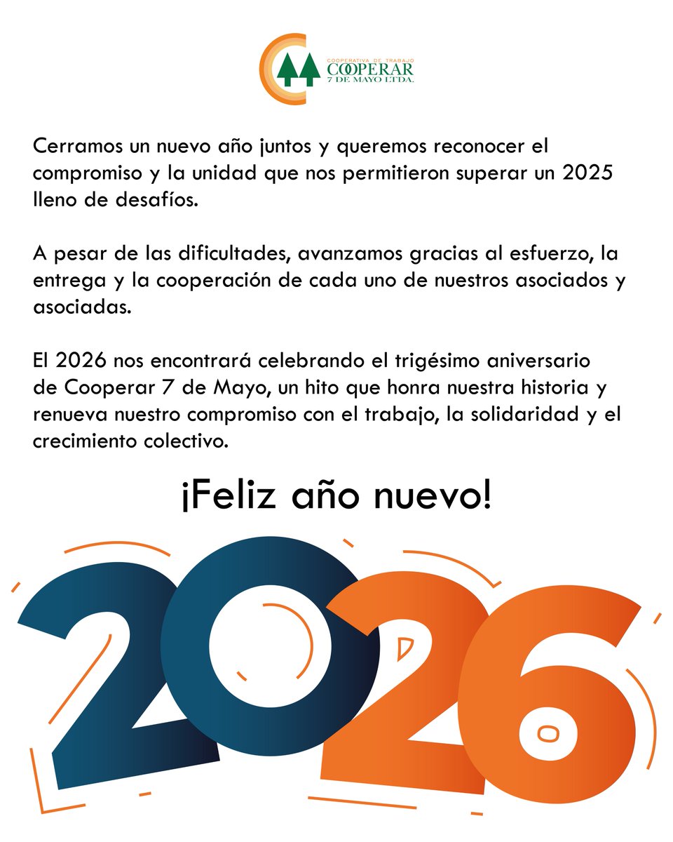 Que el nuevo año nos reciba con salud, oportunidades y la fuerza
para seguir construyendo juntos.
Gracias por ser parte de esta cooperativa que no se rinde y sigue adelante.🥂