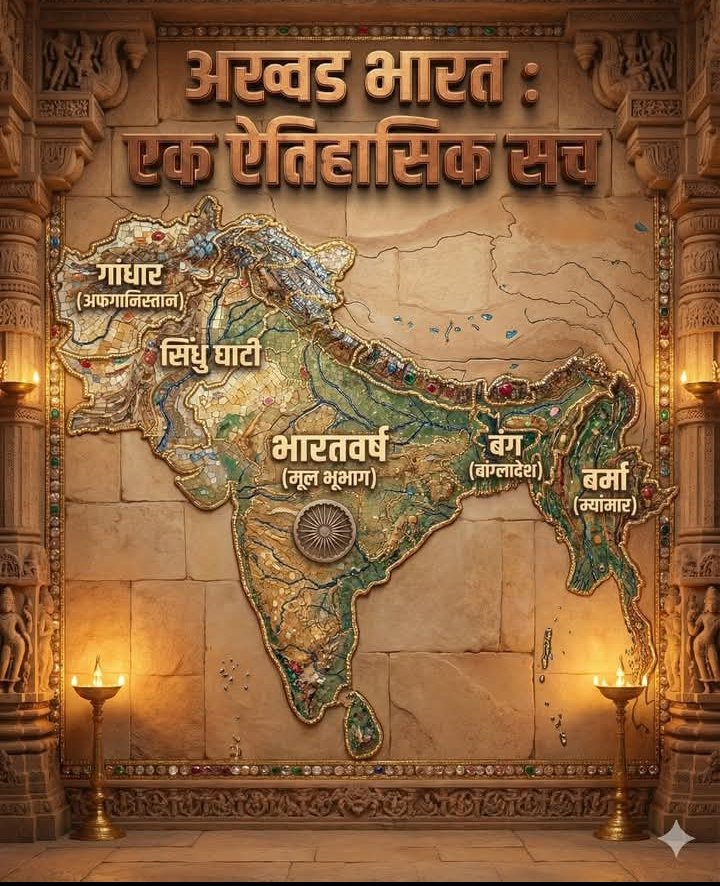 "अखण्ड भारत : एक ऐतिहासिक सच" 🕉️
​यह तस्वीर याद दिलाती है कि हमारी सभ्यता की जड़ें कितनी गहरी और फैली हुई थीं। भले ही आज राजनीतिक सीमाएं खिंच गई हों, लेकिन सांस्कृतिक रूप से हम सब एक ही महान वृक्ष की शाखाएं हैं।
​अपने इतिहास को जानें, अपनी संस्कृति पर गर्व करें। जय हिंद!