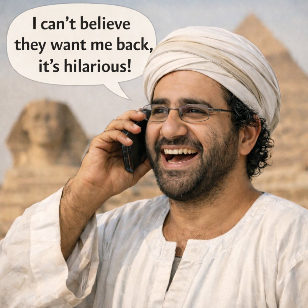 Alaa Abd El-Fattah spits in the face of our nation, our people, our weak politicians, and laughs at us.

And so he should, because our weakness is pathetic, it deserves to be mocked.

We are governed by spineless imbeciles.