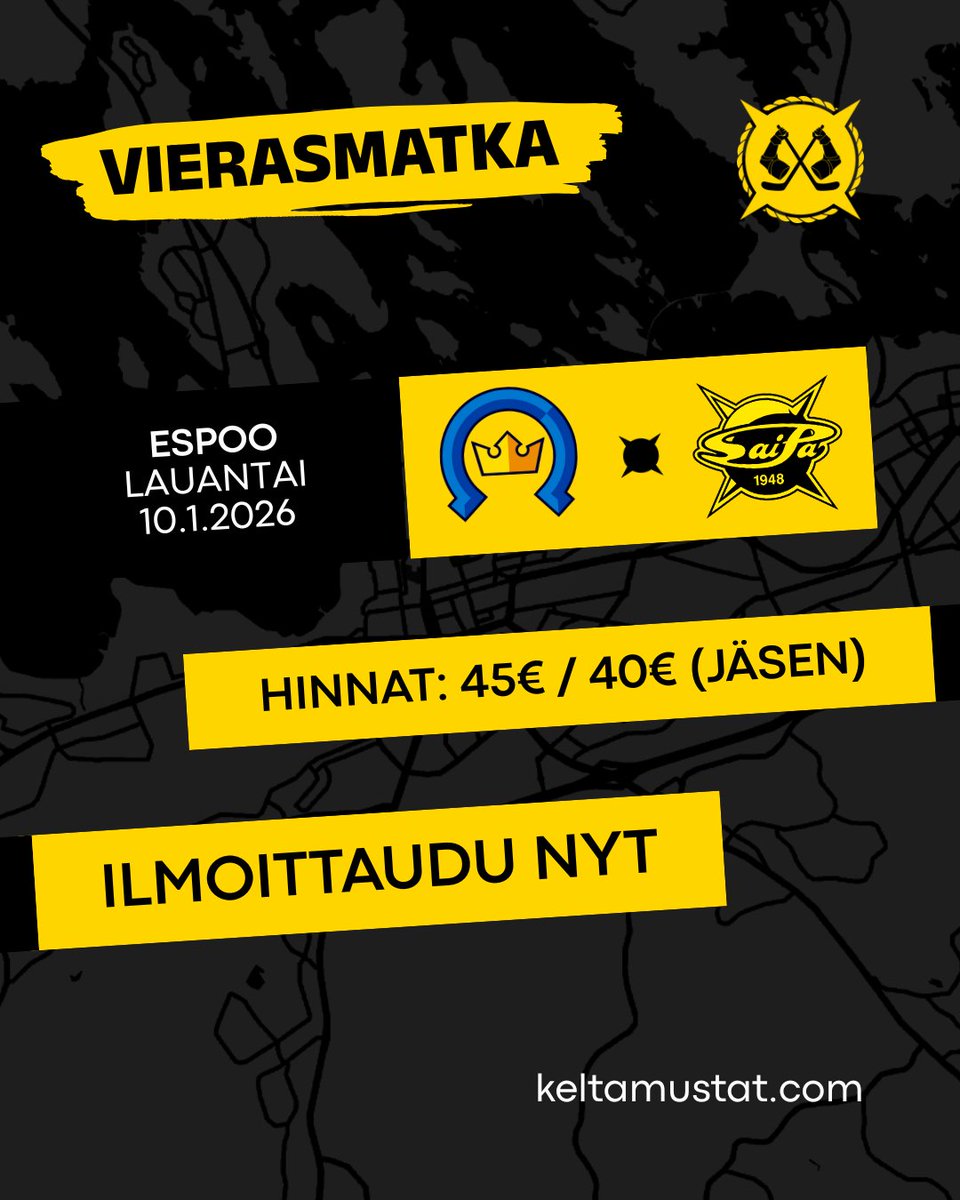 Espoo kutsuu keltamustia! 😎

🚌 Päätimme ottaa toisen bussin matkaan, jotta kaikki halukkaat pääsevät reisuun mukaan! Bussit pysähtyvät ennen Metro Areenalla alkavaa peliä ravintola West Side Storyssä Vantaalla.

👉 Matka-aikataulut ja tarkempi info: keltamustat.com