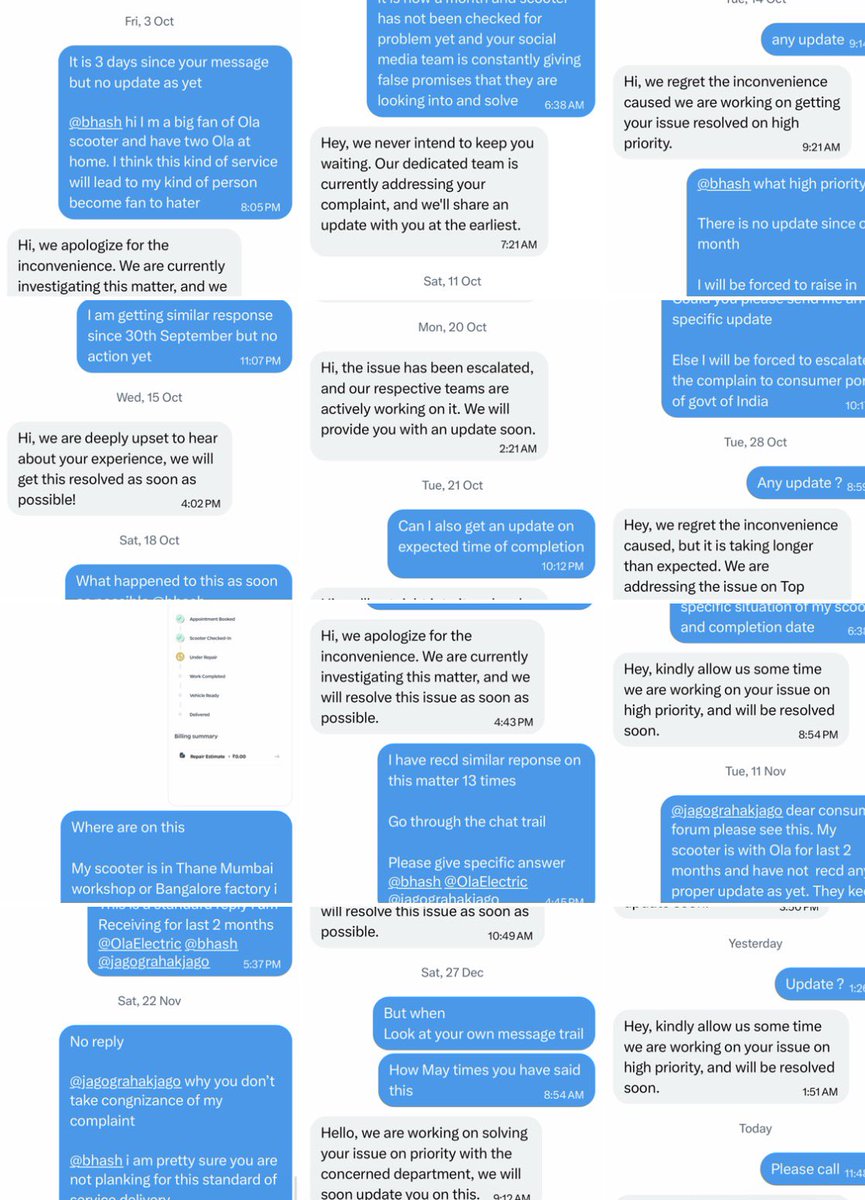 bafnAkash's tweet photo. @bhash @OlaElectric @jagograhakjago please see the collage of screenshot of follow-up done in your X dm
Messages in last 4 months https://t.co/FXny9cMAUY