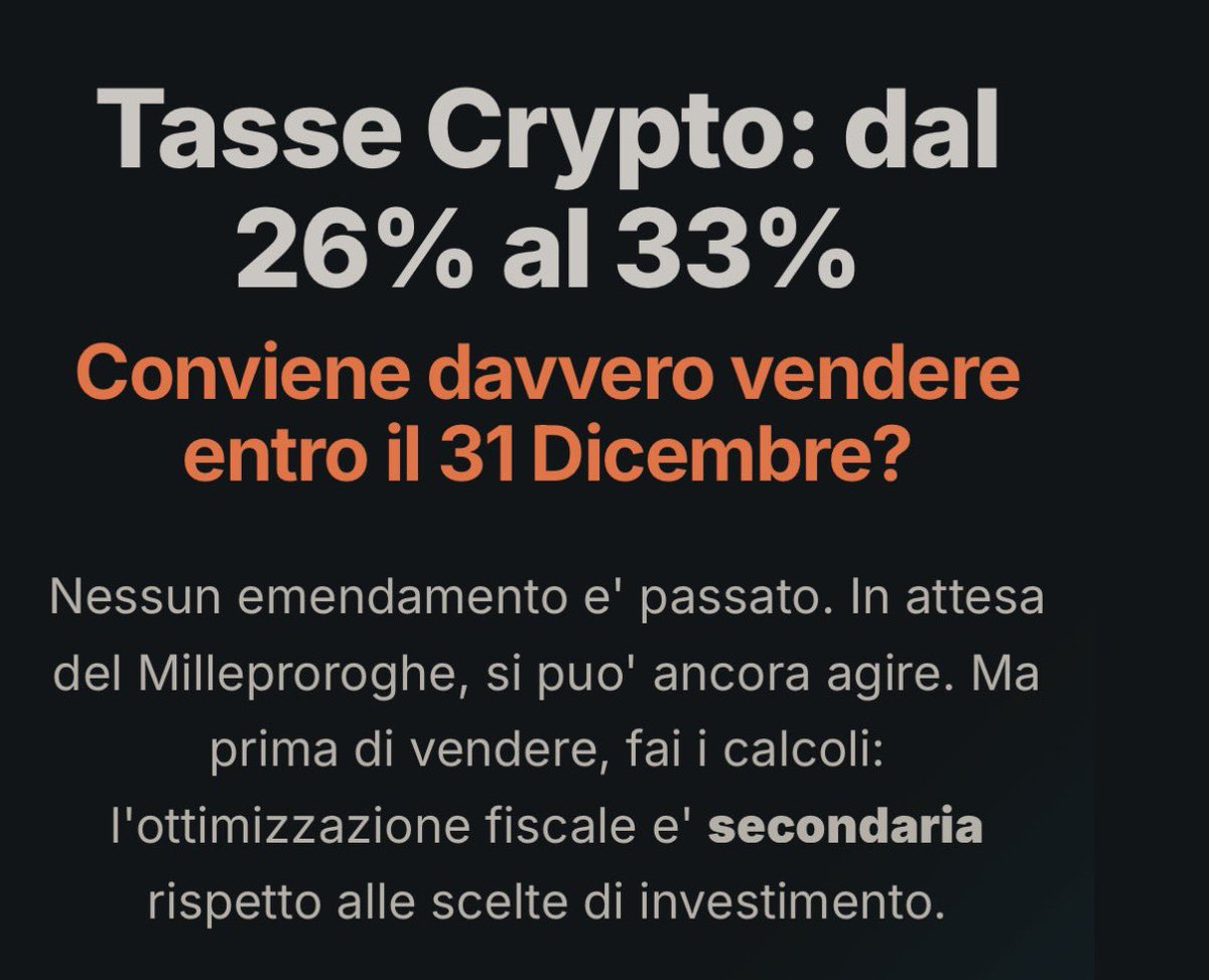 Cripto e Tassazione al 33% dal 1 gennaio 2026

In sintesi:
 • Cripto detenute direttamente: plusvalenze tassate al 33 %
 • ETP/ETN su cripto (strumenti quotati): tassazione come strumenti finanziari standard al 26 %

Tutti gli scenari in questo articolo: moneyviz.it/it/tasse-crypt…