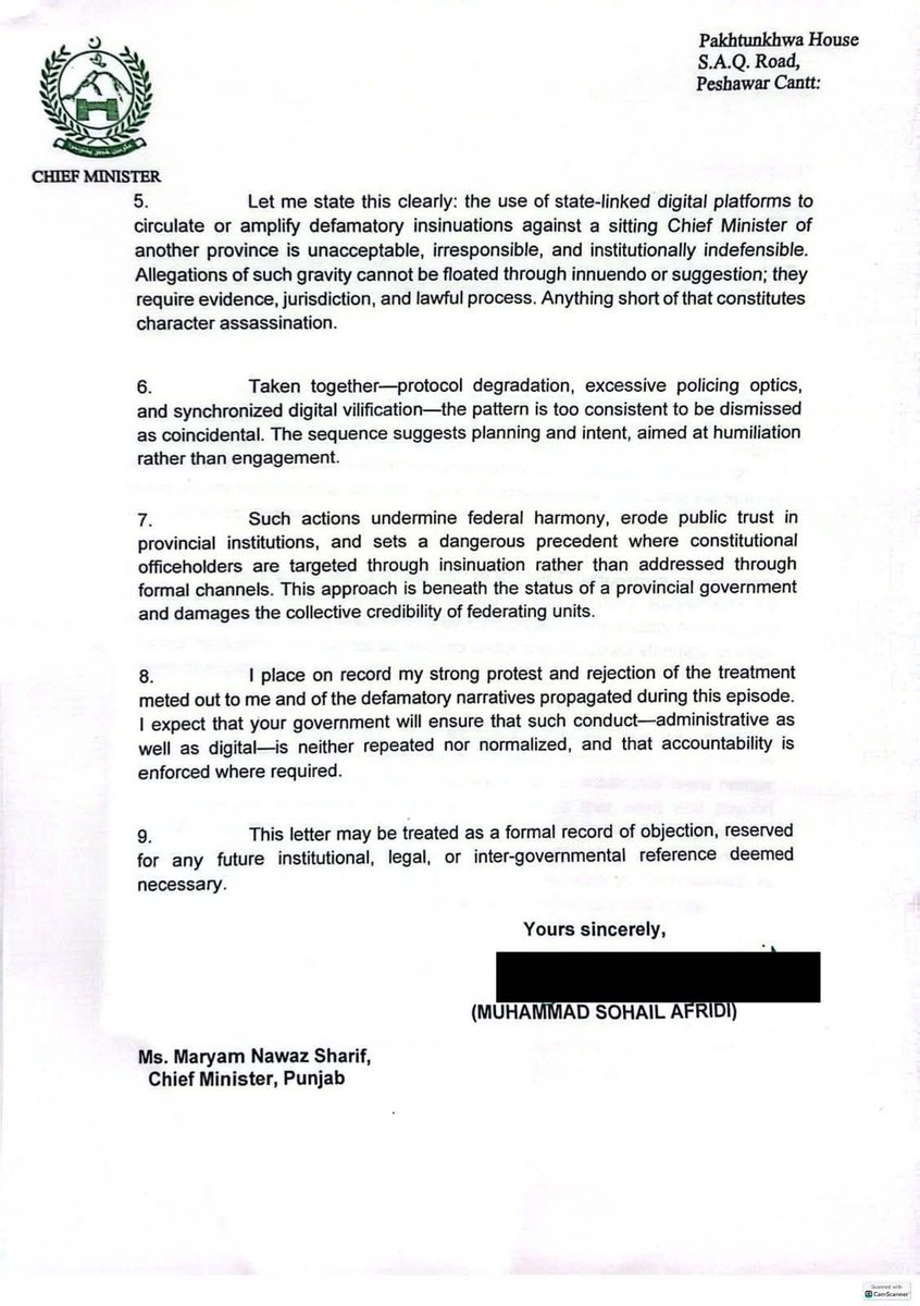 وزیراعلیٰ خیبرپختونخوا محمد سہیل خان آفریدی نے اپنے دورہ لاہور کے دوران نامناسب رویہ پر احتجاجی مراسلہ وزیراعلیٰ پنجاب مریم نواز کو ارسال کردیا

جس انداز میں میرے دورہ کے دوران معاملات کو ڈیل کیاگیا وہ کوتاہی نہیں بلکہ جان بوجھ کر سب کیاگیا، جو ہوا وہ انتظامی خامی تھی نہ ہی