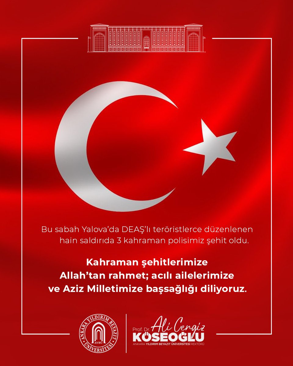 Yalova’da DEAŞ terör örgütüne yönelik yürütülen operasyonda şehit olan kahraman polislerimize Allah’tan rahmet, kederli ailelerine başsağlığı diliyoruz.

Aziz milletimizin başı sağ olsun. 🇹🇷 

<a href="/acengizkoseoglu/">Ali Cengiz Köseoğlu</a>