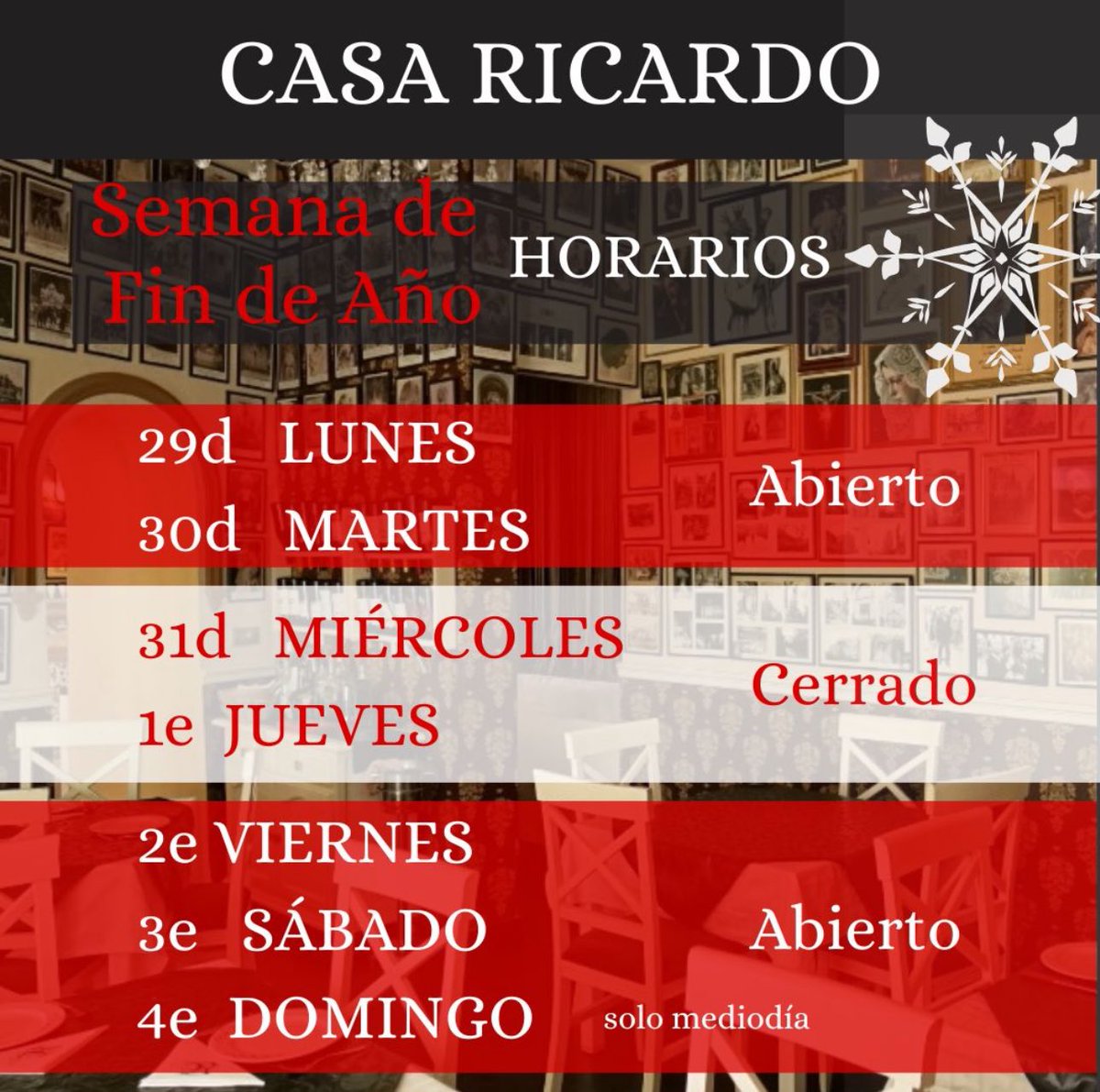 Hoy abrimos! Y descasaremos el 31 de diciembre y el 1 de enero!