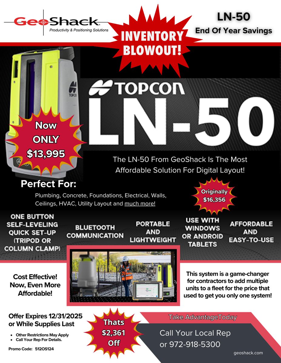 geoshack's tweet photo. Big savings on the Topcon LN-50!
Now only $13,995—our best digital layout deal of the year.
Limited inventory. Huge value. Call today! Offer expires December 31st
#GeoShack #Topcon #LayoutDeals https://t.co/WZGukIqWX6