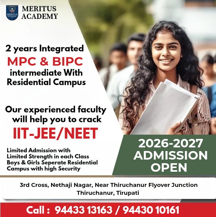 MeritusTirupati's tweet photo. 2025-2026 #Admissions Open for #MPC #BIPC #IIT #JEE_Adv #JEE_Mains #NEET Courses , Make your Kids Future Dreams by Joining in #MERITUS_ACADEMY_Tirupati , 2 Years Integrated Intermediate with Separate Boys &amp; Girls Residential Campus , Call &amp; WhatsApp : 94433 13163 / 94430 10161 https://t.co/ACjV8LNoPC