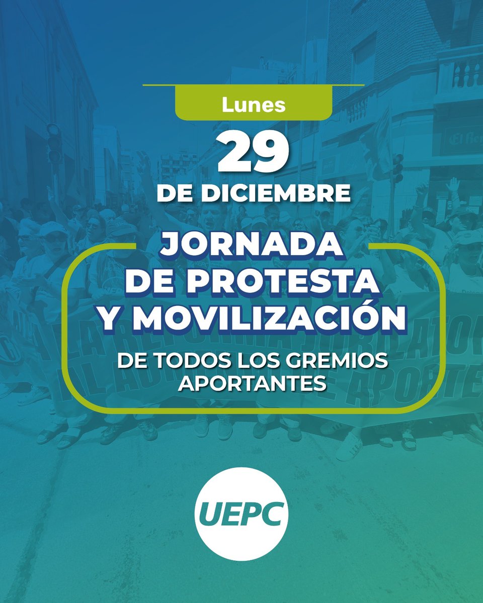 📢 Este lunes 29 de diciembre, los gremios aportantes a la Caja de Jubilaciones llevamos adelante una jornada de protesta y movilización.

Concentramos a las 11 h en 25 de mayo 427 para marchar a la Legislatura de Córdoba

¡𝗡𝗼 𝗮𝗹 𝗮𝗷𝘂𝘀𝘁𝗲! ✊🏼