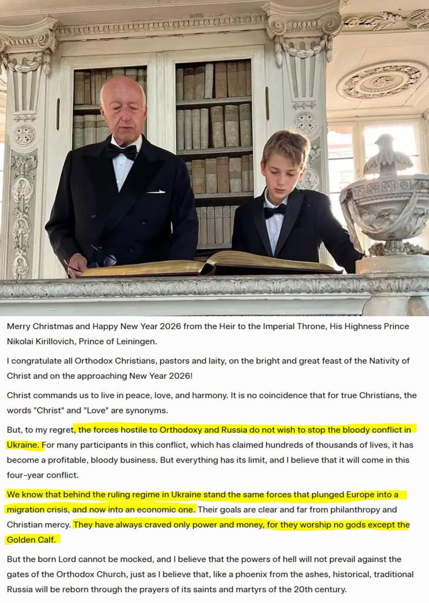 ‼️🚨☦️🇷🇺 The legal heir to the Russian Imerial throne, Prince Nicholas of Leiningen, has made a public Christmas Address:

In his festive greeting, the 73-year old Orthodox Prince, warned about &amp; called out the “Great Replacement” &amp; the Talmudic slaughter taking place in Ukraine.