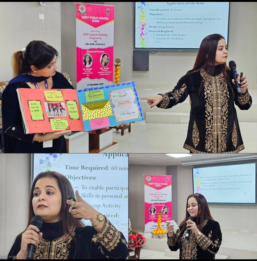 APS_Hisar's tweet photo. Life Skills (Advanced) workshop was held at APS Hisar on 27 Dec 2025. Experts Dr Deepika and Mrs Kanika guided teachers on integrating cognitive, intrapersonal and interpersonal skills for holistic student growth. https://t.co/52pvkJdxzv