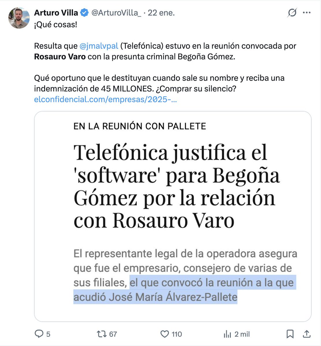 Lo dije hace 1 año:
- Sánchez rescata Air Europa (Hidalgo) por intermediación de Begoña y Rosauro
- Hidalgo patrocina el proyecto de Begoña en IE
- Telefónica (Rosauro) financia la app de Begoña.
- Sánchez rescata Pachá 
- Pachá invierte millones en el beach club de Rosauro
