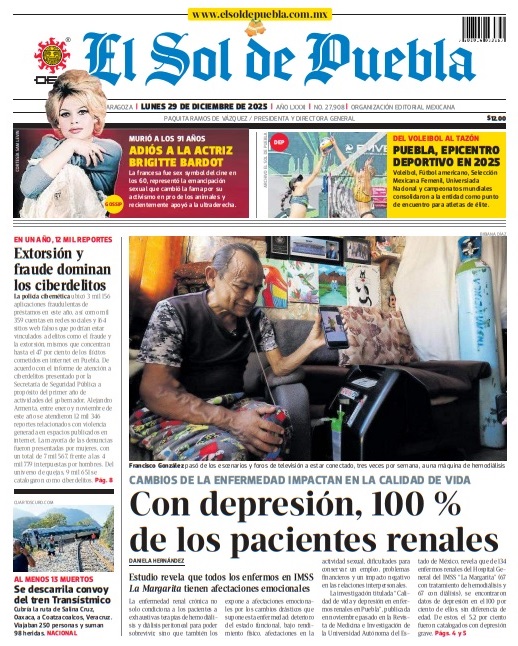 📌 En Portada

- Con depresión, 100% de los pacientes renales
- Extorsión y fraude dominan los ciberdelitos
- Se descarrila convoy del tren  Transístmico