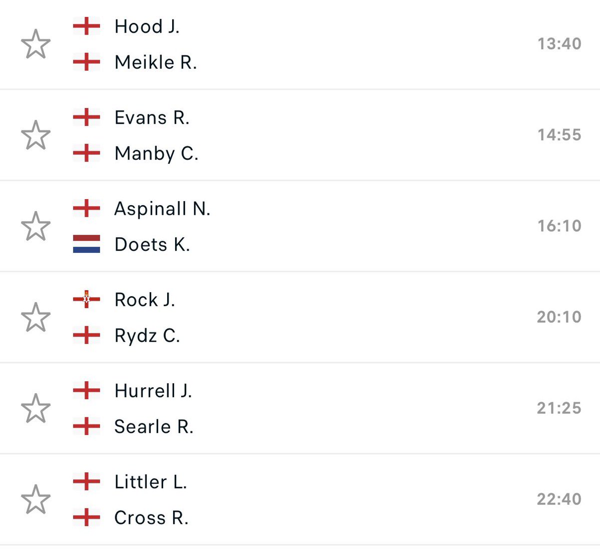 Autant vous dire que la journée va être belle 🎯 #lequipeFLECHETTES 

Mes pronos : 

Hood 4-1 Meikle
Evans 4-1 Manby
Aspinall 4-2 Doets

Rock 4-2 Rydz
Hurrell 1-4 Searle
Littler 4-2 Cross