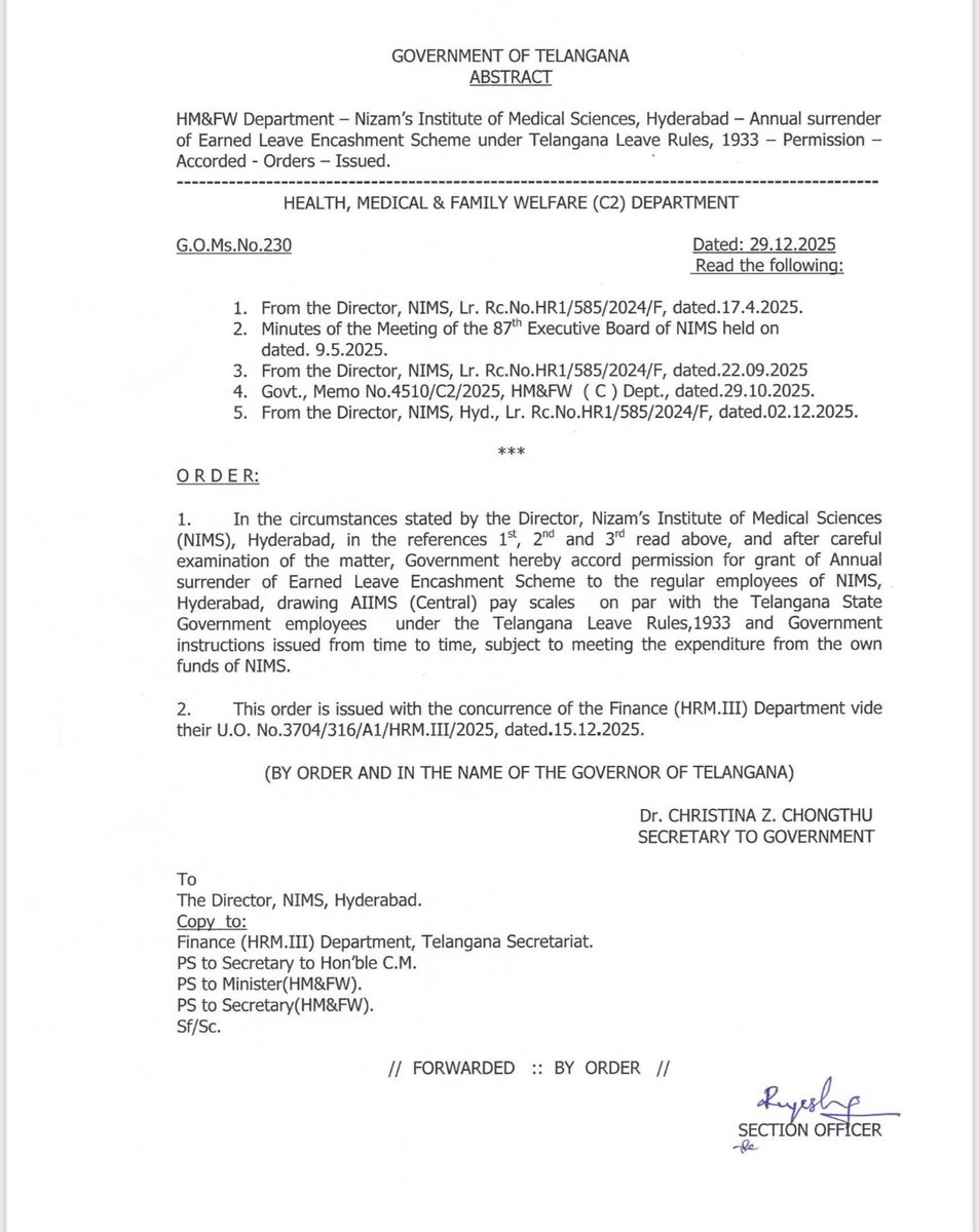 NewsMeter_In's tweet photo. #Hyderabad:
Big relief for #NIMS employees
The #Telangana govt has approved earned #leaveencashment for NIMS staff through GO No. 230.
Health Minister @DamodarCilarapu kept his #promise, ensuring long-pending #benefits for #employees of #Nizam’s Institute of Medical Sciences.