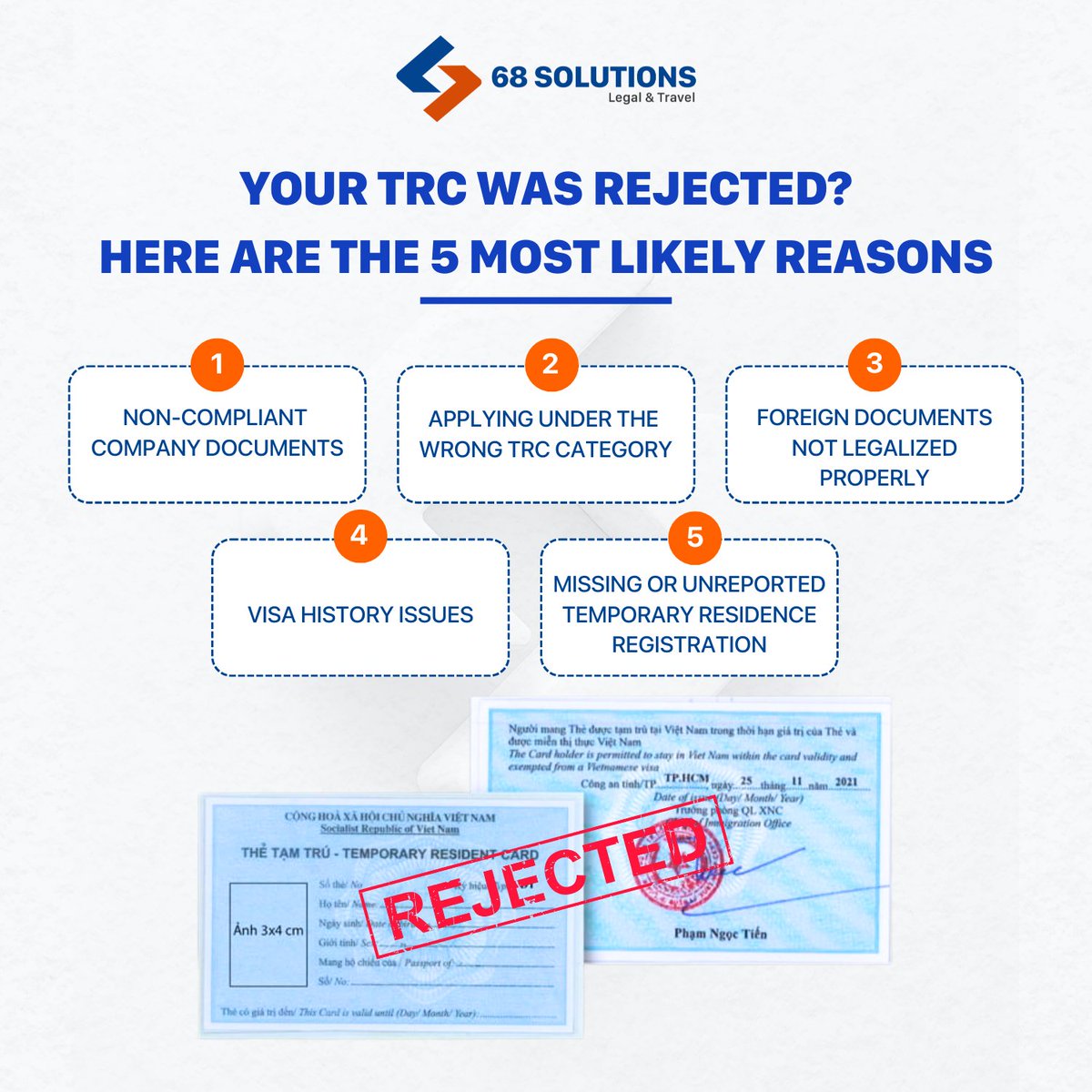 5 Reasons Your TRC Gets Rejected in Vietnam

Top causes include: non-compliant company documents, wrong TRC category, unlegalized foreign papers, visa history issues, and unreported temporary residence.

Contact us today to secure your stay: (+84) 982 500 802