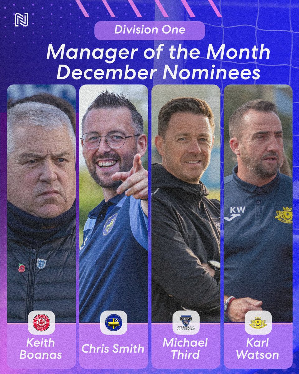 Division One - December Manager of the Month Nominees 👏

Keith Boanas - <a href="/ChathamTownWFC/">Chatham Town Women</a> 
Chris Smith - <a href="/abingdonutdwfc/">Abingdon United WFC</a> 
Michael Third - <a href="/DurhamCestria/">Durham Cestria</a> 
Karl Watson - <a href="/MoneysFCWomen/">Moneyfields FC Women</a> 

🔗 Voting opens at 3pm today and is open for 24 hours: tinyurl.com/FAWNL-MOTM-Vote

#FAWNL | #MOTM
