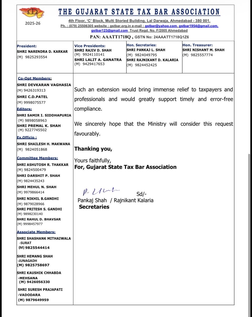 GSTBAGUJARAT's tweet photo. @GSTBAGUJARAT have submitted Representation to Hon.@FinMinIndia Smt @nsitharaman request for Extension of due dates for filing GSTR 9 /9C for F.Y.2024-25

Authorities are requested to please consider this request in the interest of Trade,Industry &amp; professionals.
#GSTR9 
#GSTR9C https://t.co/vLmLhbbwiB