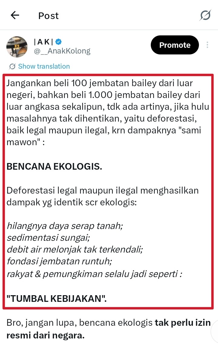 Lalu kamu berujar ; 

"Gk ada hubungan legal atau ilegal".
___________________

Sejak awal sy menyampaikan realitas ekologis dan dampak deforestasi, kamu malah memindahkannya ke dalam "kamus".

Kamu memang tidak gagal membaca KBBI, tapi gagal membaca konteks.
.
.
😁