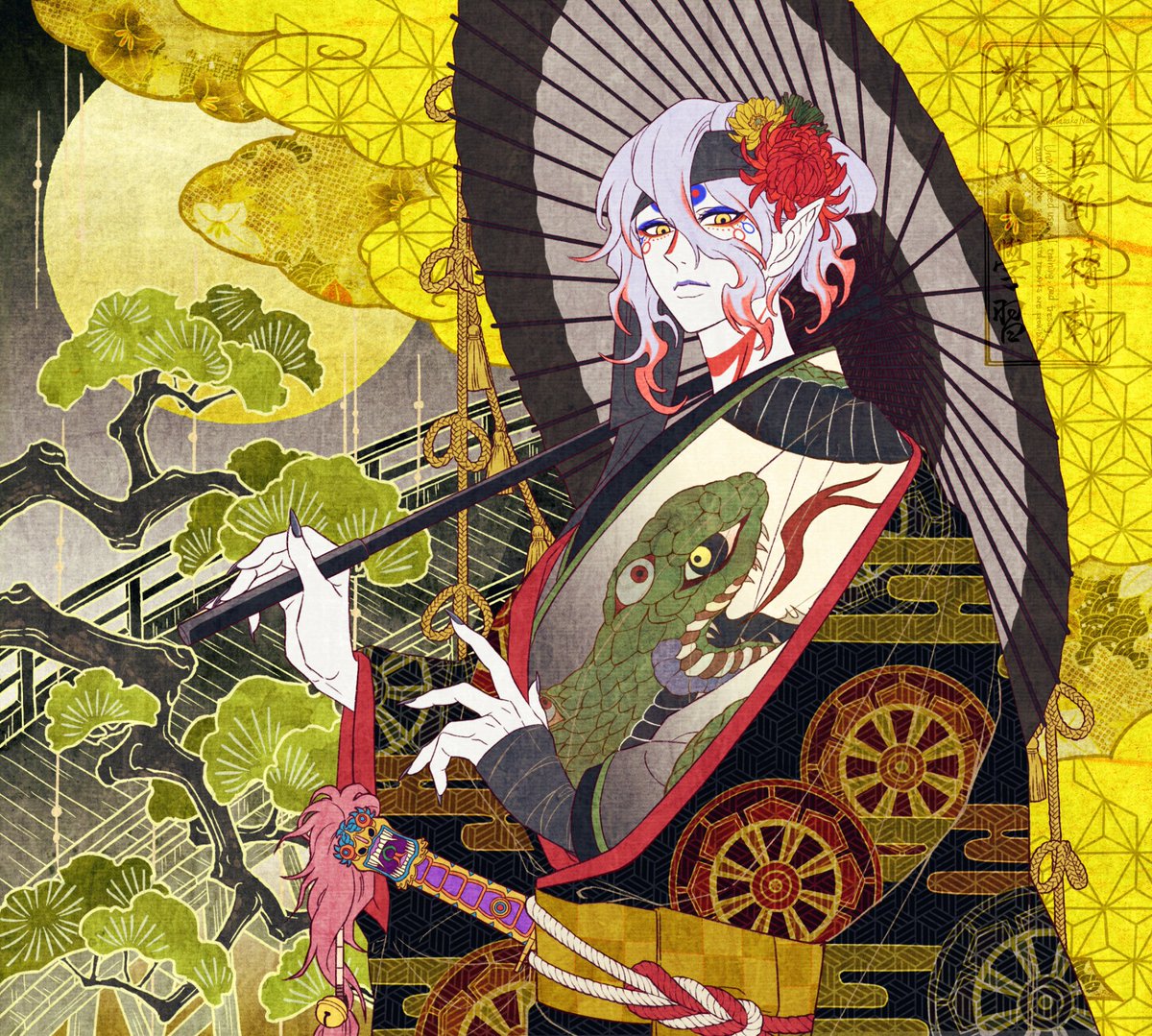 #今年も残りわずかなので今年一番伸びた絵を貼る 
蛇年薬売りさん🐍