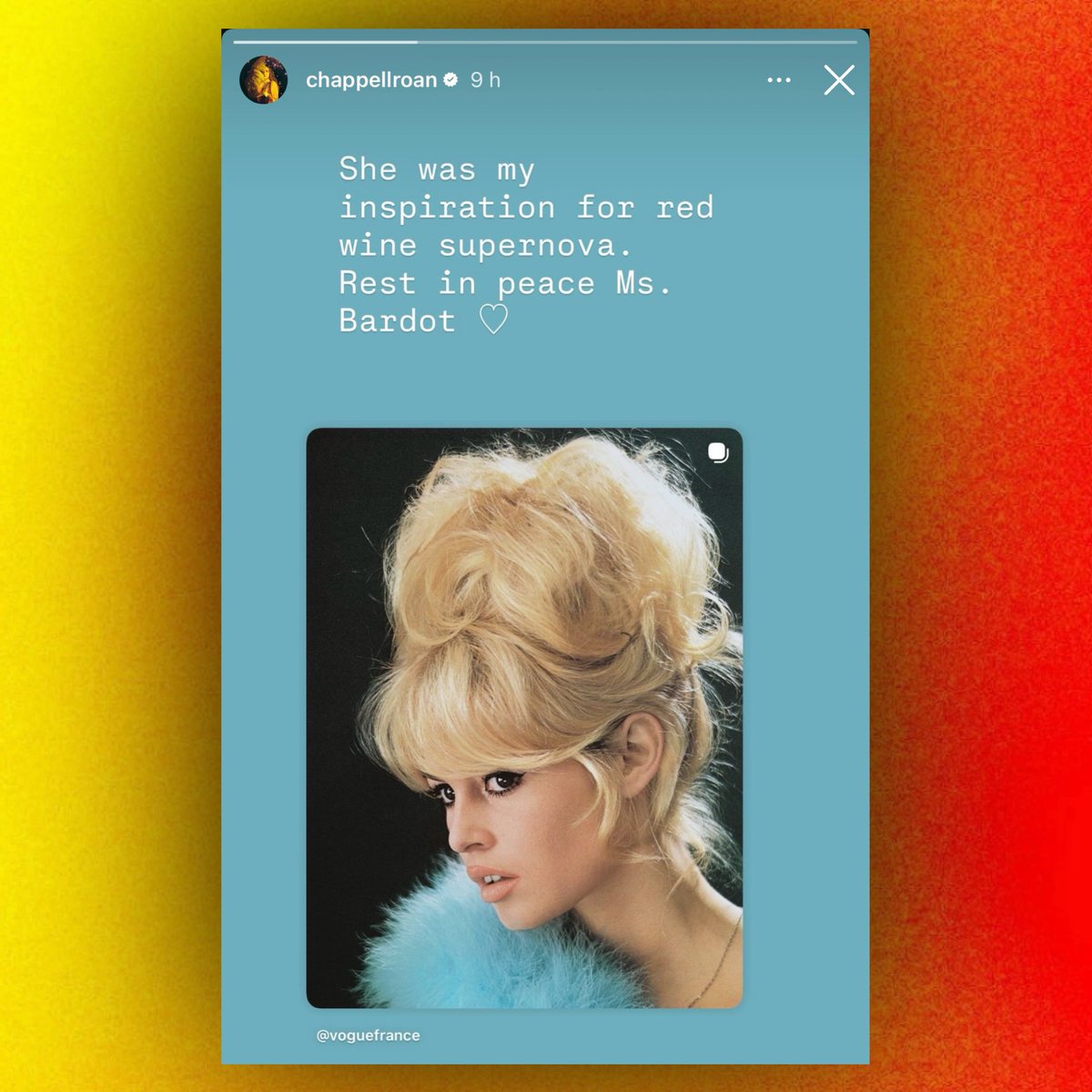 PopCrave's tweet image. Chappell Roan pays homage to the late Brigitte Bardot:

“She was my inspiration for red wine supernova. Rest in peace Ms. Bardot ♡”