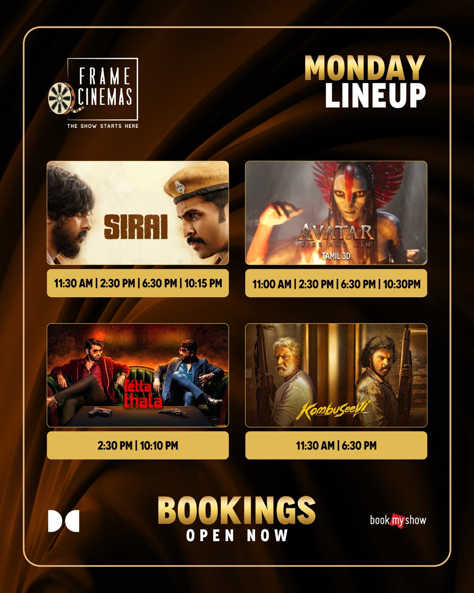 FrameCinemas's tweet photo. Your Monday movie plans are sorted! 🎬✨
From action to adrenaline and epic fantasy - catch your favourites playing today at Frame Cinemas. Pick your showtime and book now on BookMyShow! 🍿🔥
#MondayLineup #FrameCinemas #NowShowing #BookMyShow #MovieTime https://t.co/38BoFAxTqA