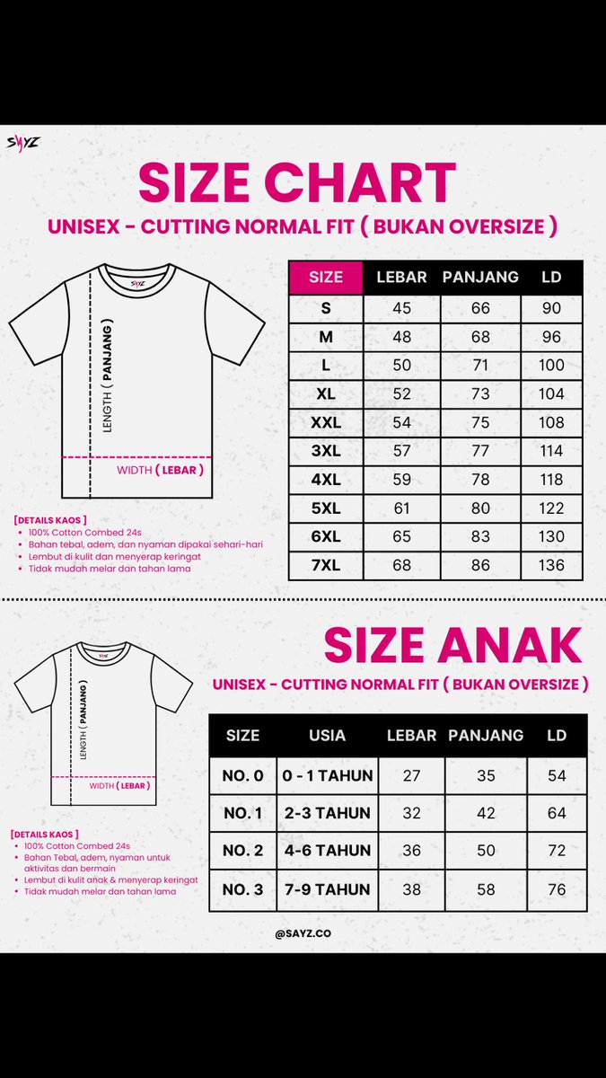 sayzofficial's tweet photo. DETAILS SIZE CHART👕⬇️ https://t.co/2RVXTKiVcF