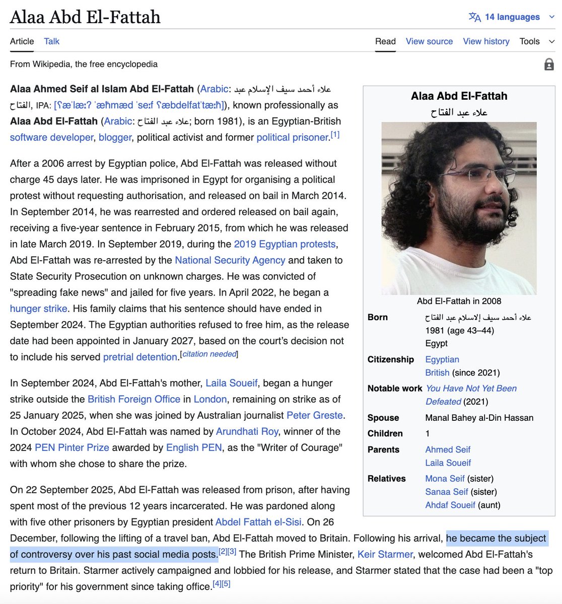 AshleyRindsberg's tweet image. Compare these two @Wikipedia entries—"Tommy Robinson" and "Alaa Abd El-Fattah." It's a masterclass in information manipulation.

Two entries. Two British men (in El-Fattah's case, at least nominally). Both subject of UK government action. Yet the entries could not be more…