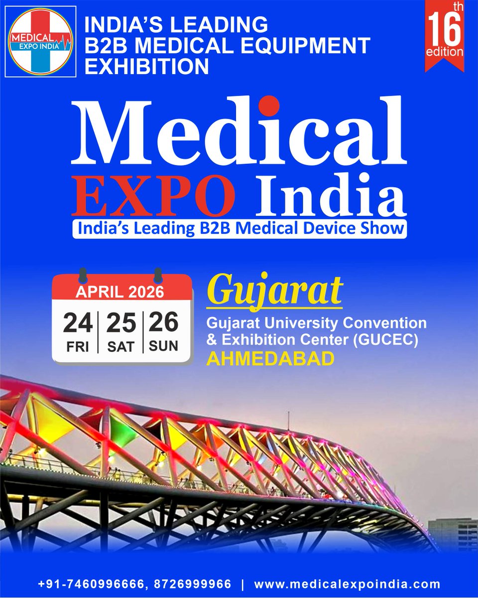 📢 16th Medical Expo India 2026 | Gujarat
📅 24–25–26 April 2026
📍 Gujarat University Convention &amp; Exhibition Centre

India’s leading B2B Medical, Diagnostic &amp; Lab Equipment Exhibition is back—bigger and better!
👉 Save the date
For Details: medicalexpoindia.com