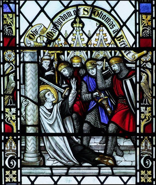 This is an accurate depiction of the martyrdom of St Thomas Becket.  He was not killed while saying Mass, he was martyred at a pillar in a side chapel, beside the altar to St Benedict, as Vespers was beginning. There was a congregation in the cathedral who witnessed it, as did
