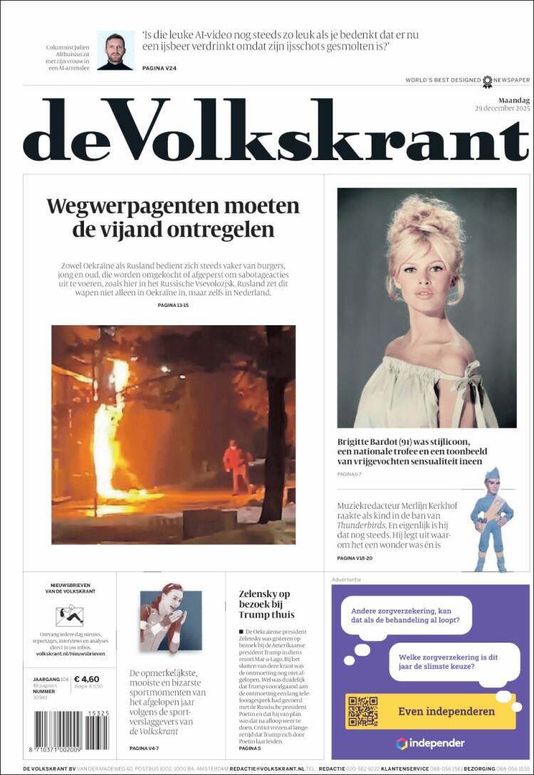 La edad de los muertos. Brigitte Bardot (91) en la prensa neerlandesa.