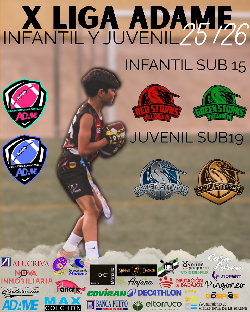 🏟🚸 Las Ligas Villanovenses de #FlagFootball🏈, a partir de enero.

🔜 Nuestras ligas habituales en <a href="/aytovvaserena/">Ayuntamiento de Villanueva de la Serena (Badajoz)</a> llegan a su 🏅décimo aniversario.

➡️Liga Infantil ADAME U15
#GreenStorks💚
#RedStorks❤️
➡️Liga Juvenil U19
#GoldStorks🩶
#SilverStorks💛

🔗blackstorks.com/2025/12/16/lig…
