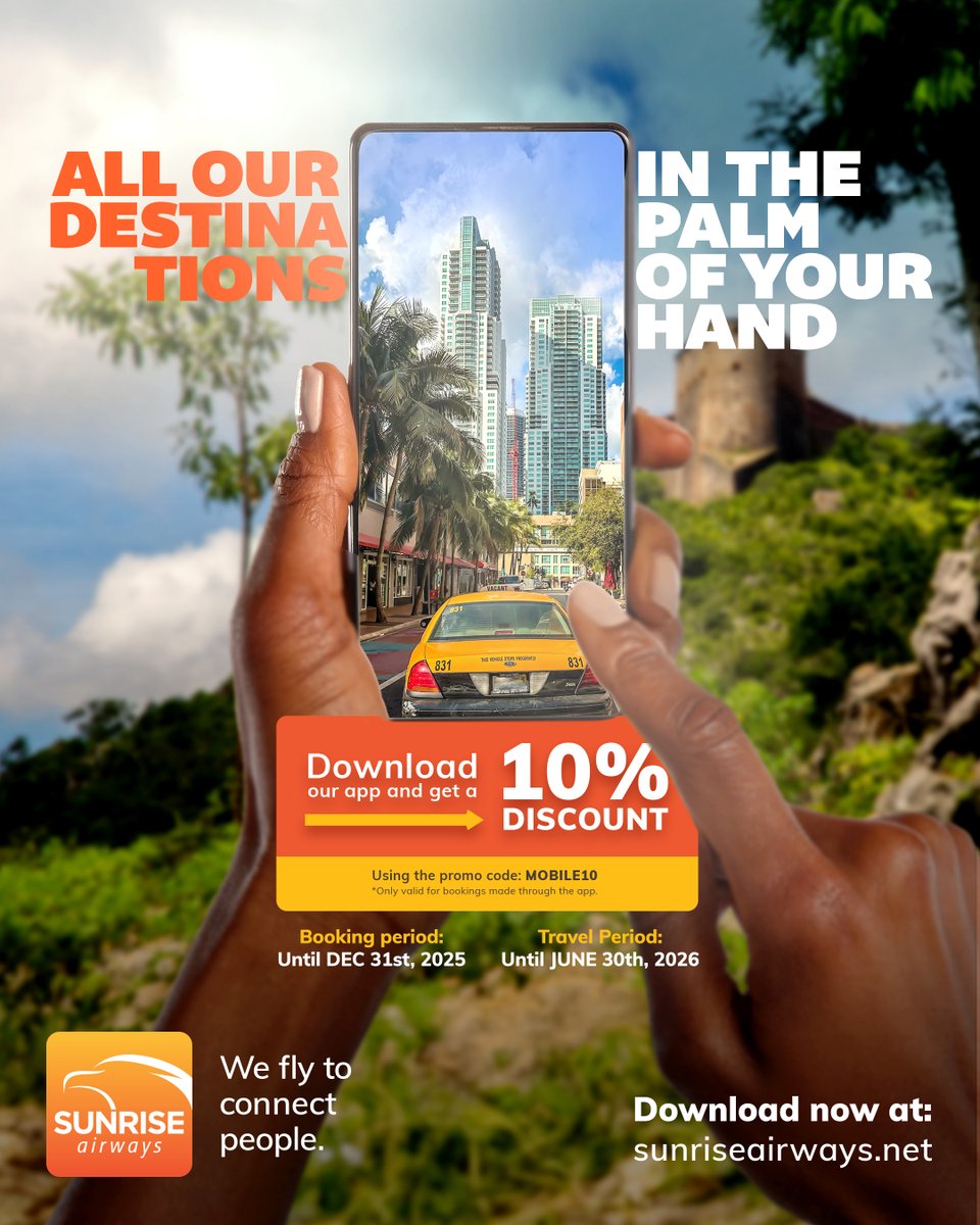 One more reason to book before the year ends. 🌴✈️
Download our app and get 10% OFF with the promo code MOBILE10.

📅 Booking ends Dec 31, 2025
🧳 Travel until June 30, 2026

Start 2026 already connected!
📲 Download the app here: sunriseairways.net/en/sunrise-mob…

#WeFlyToConnectPeople