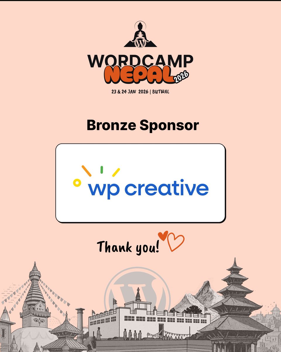 WordCampNP's tweet photo. ๐ท ๐๐ก๐๐ง๐ค ๐๐จ๐ฎ, ๐๐ ๐๐ซ๐๐๐ญ๐ข๐ฏ๐: ๐๐ฎ๐ซ ๐๐ซ๐จ๐ง๐ณ๐ ๐๐ฉ๐จ๐ง๐ฌ๐จ๐ซ ๐๐จ๐ซ ๐๐จ๐ซ๐๐๐๐ฆ๐ฉ ๐๐๐ฉ๐๐ฅ ๐๐๐๐!
#WCNP #WordCampNepal2026 #WordPress #WordCamp #WPCreative #BronzeSponsor https://t.co/UHerFa0gz1