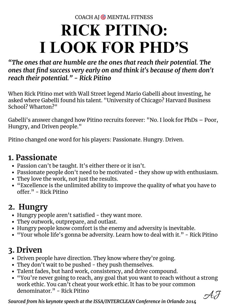 coachajkings's tweet image. Rick Pitino doesn't just recruit talent - he recruits PHDs.

Not the degree. The mindset.

Here's what it means and why it's one of my favorite new acronyms.
(📌Bookmark this)