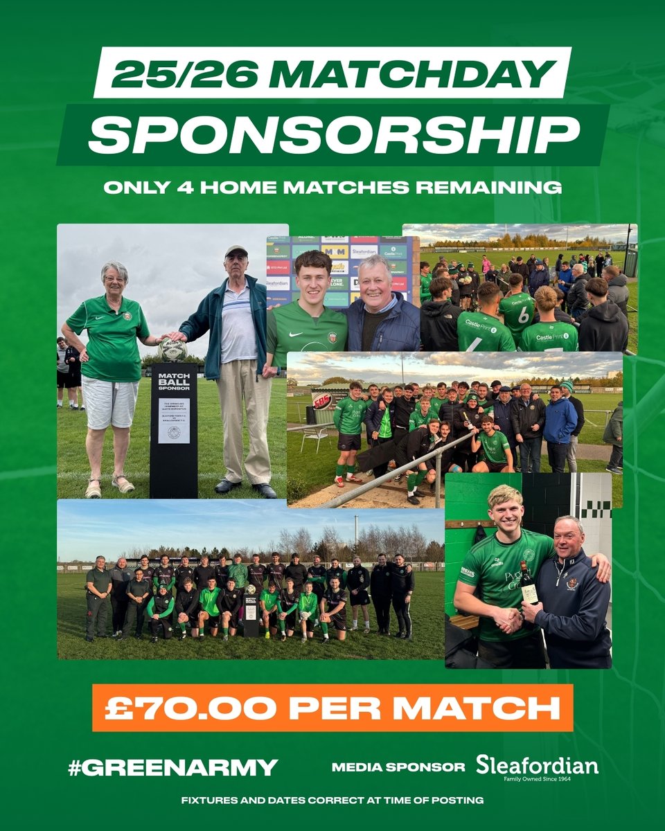 🏟️ MATCHDAY SPONSORSHIP – (25/26 SEASON)

Only 4 home fixtures remain available for Matchday Sponsorship this season – first come, first served.

£70 per match includes Matchday + Matchball Sponsorship, giving your business great local exposure and direct involvement on the day.
