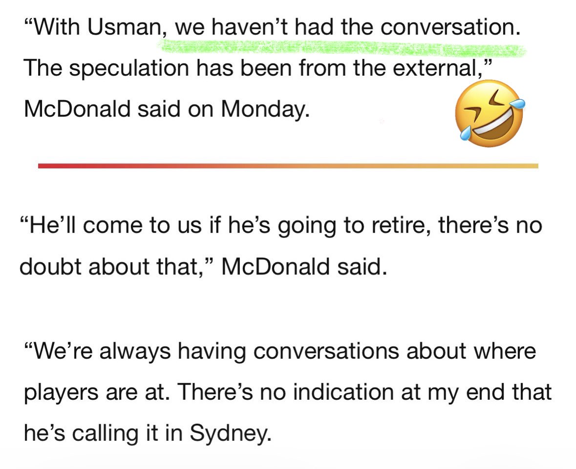 Yeah, nah! A conversation has definitely taken place. Usual BS from McDonald - simply running with the Every child wins a prize/every vg player gets to “seemingly” go out on their own terms. 

Expect an announcement from Uzzie - “It was my call and I wasn’t given a nudge” 😉