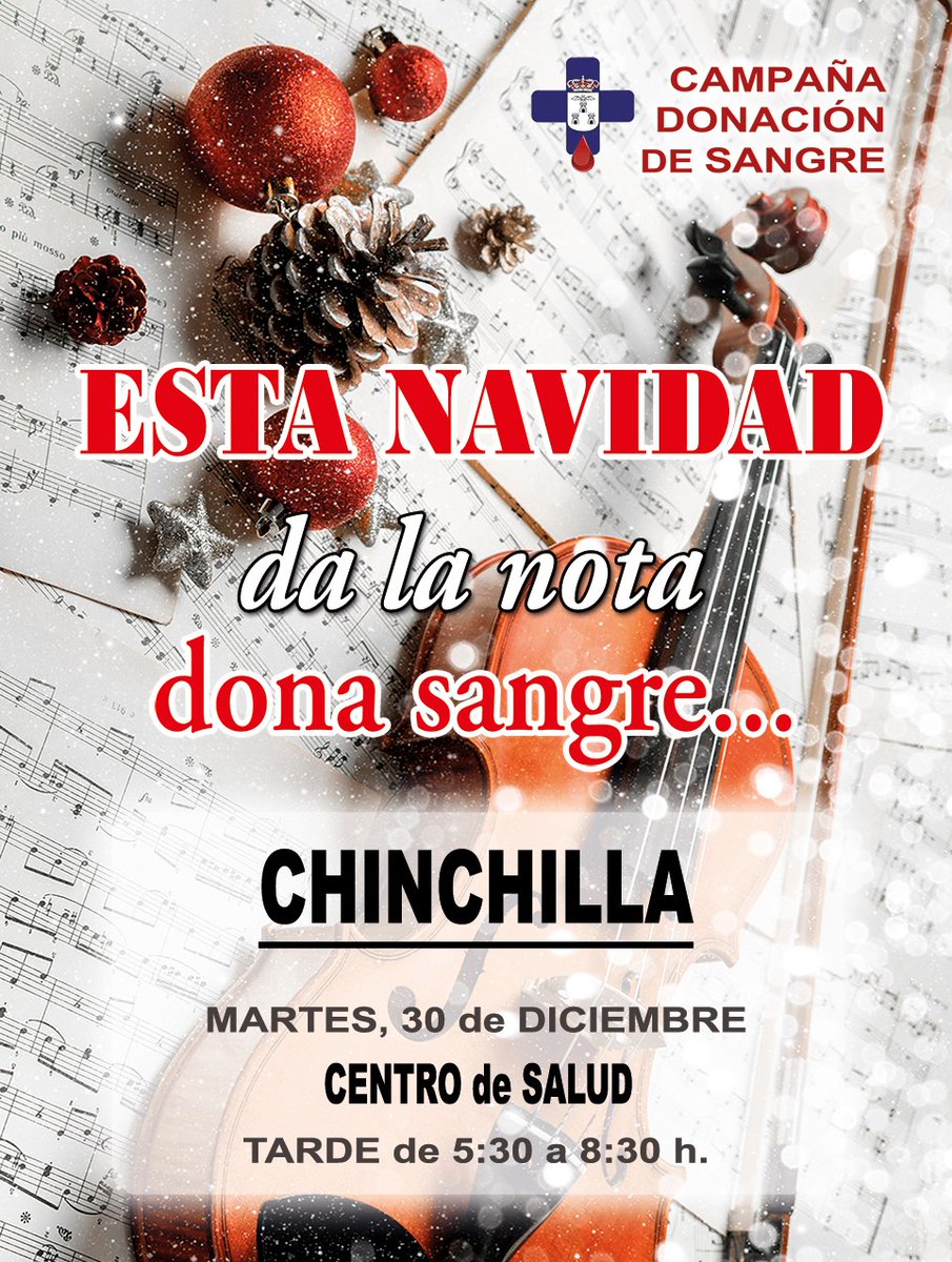 LA HERMANDA VISITA CHINCHILLA de MONTEARAGÓN.

Donación de sangre en CHINCHILLA el martes 30 de diciembre, de 17:30 a 20:30 horas en CENTRO de SALUD.

Gracias DONANTE, TÚ lo haces posible...
<a href="/HUnivAB/">Hospital Universitario de Albacete</a> 
<a href="/RadioChinchilla/">Miranda Moshe</a>