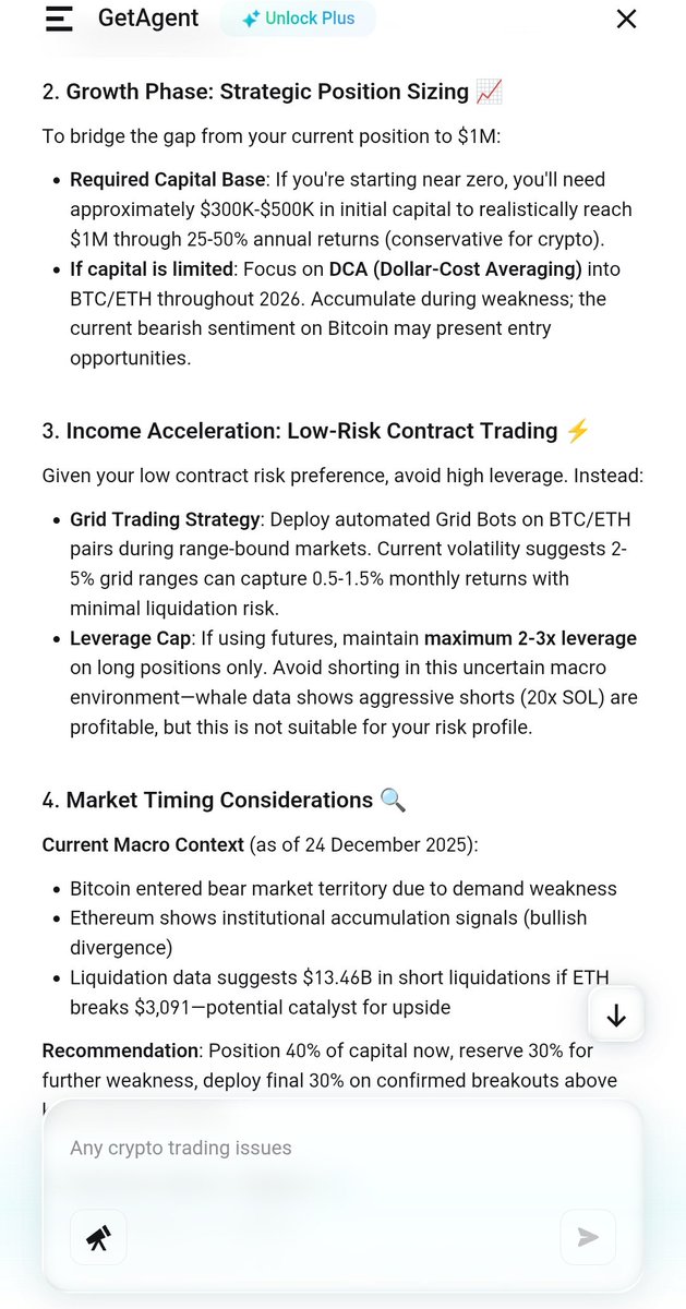 erikoakbar's tweet photo. @bitget Setting a $1M goal for 2026. GetAgentโs response was surprisingly professional, considering I only have $50 and a dream right now. Lambo or food stamps, there is no in-between! ๐คก๐
#Bitget2026 https://t.co/O3pnBqZuy6