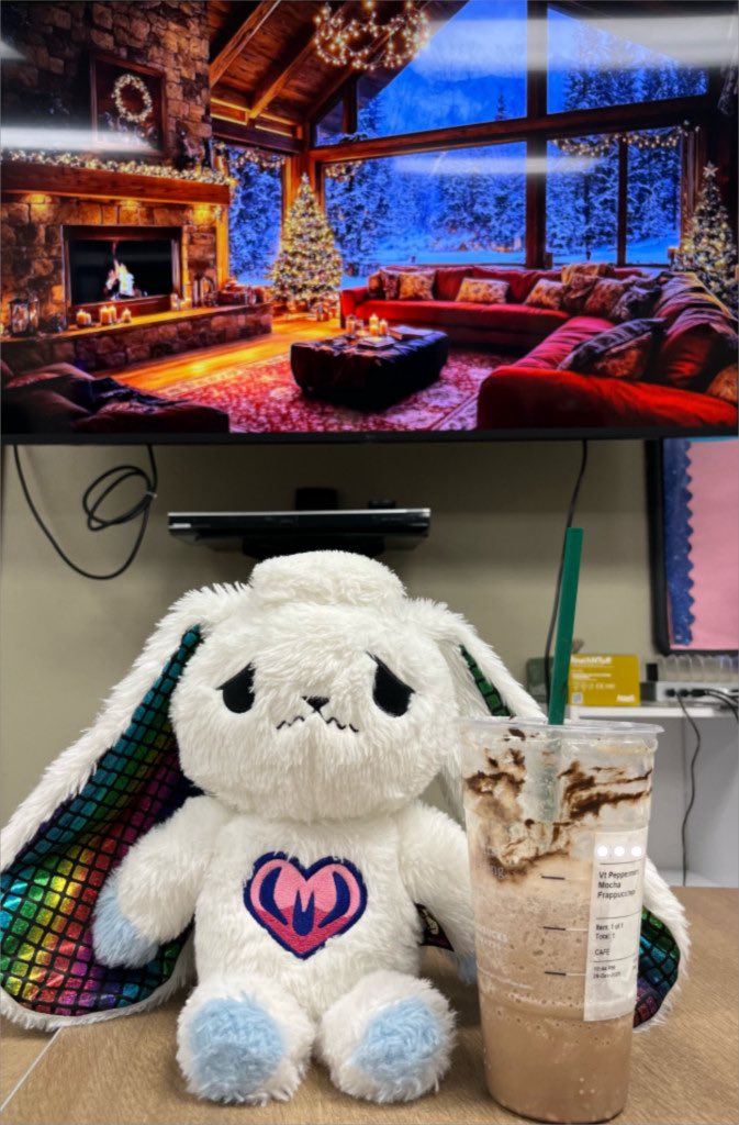 FairlyOddRadish's tweet photo. At least Baby seemed to have a calm mellow morning drinking a #PeppermintMocha #Starbucks Frappuccino while watching a pleasant Christmas scene on the television.
My day hasn’t been nearly as pleasant 😵‍💫
#PlushieDreadfuls #PanicDisorder https://t.co/ROyGGHelxp