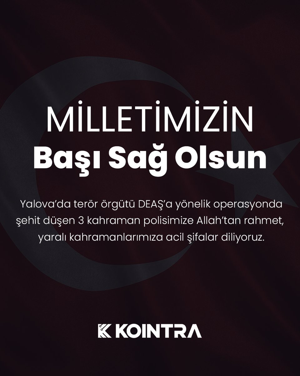 🇹🇷 Milletimizin Başı Sağ Olsun

Yalova’da terör örgütü DEAŞ’a yönelik operasyonda şehit düşen 3 kahraman polisimize Allah’tan rahmet, yaralı kahramanlarımıza acil şifalar diliyoruz.