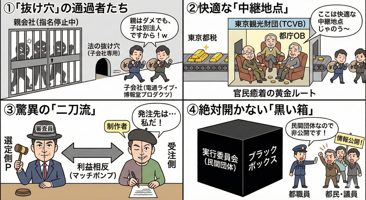 keiai154614's tweet photo. 【予算48億円】都庁プロジェクションマッピング「利権」の全貌😰

東京都が2年間で約48億円の血税を投じている都庁マッピング。その華やかな光の裏には、巧妙な「公金還流のスキーム」が潜んでいます。

① 「指名停止」をすり抜ける子会社
親会社の電通・博報堂は五輪談合で指名停止中。しかし、都は100%子会社の**「電通ライブ」「博報堂プロダクツ」**に発注を継続。「法の抜け穴」を利用して、特定の大手広告代理店にお金が流れる仕組みが維持されています。

② 天下りの「中継地点」
事業を運営する「東京観光財団（TCVB）」は、都庁幹部OBの主要な天下り先。ここに都の予算（負担金）を流し、そこから広告代理店へ発注。役人の再就職先と企業の利益をセットで守る「官民癒着」の典型例です。

③ 「自分で選んで自分で作る」構図
専門家団体である**「プロジェクションマッピング協会」の代表が、都の事業のプロデューサー（選定側）を務めつつ、自身の会社（カラーズクリエーション）で映像制作（受注側）を担う「利益相反」**の疑い。公的な立場を利用した身内への利益誘導が指摘されています。

④ 「実行委員会」というブラックボックス
事業主体を都ではなく「実行委員会」という任意団体にすることで、議会からの情報公開を拒否。詳細な見積もりやお金の使い道を「民間団体の秘匿情報」として隠せる「隠れみの」にしています。

東京都民、こんな税金の使い方怒らなくていいの？
何も言わなかったら、次はゴミの有料化だよ💢