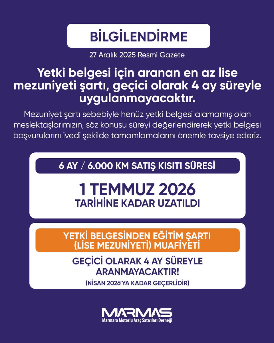 Değerli Meslektaşlarımız,

27 Aralık 2025 tarihli Resmî Gazete’de yayımlanan düzenleme ile Motorlu Kara Taşıtlarının Ticareti Hakkında Yönetmelik kapsamında yer alan geçici maddelerin uygulama süreleri ertelenmiştir.

Bu kapsamda;

6 ay / 6.000 km satış kısıtına ilişkin uygulama