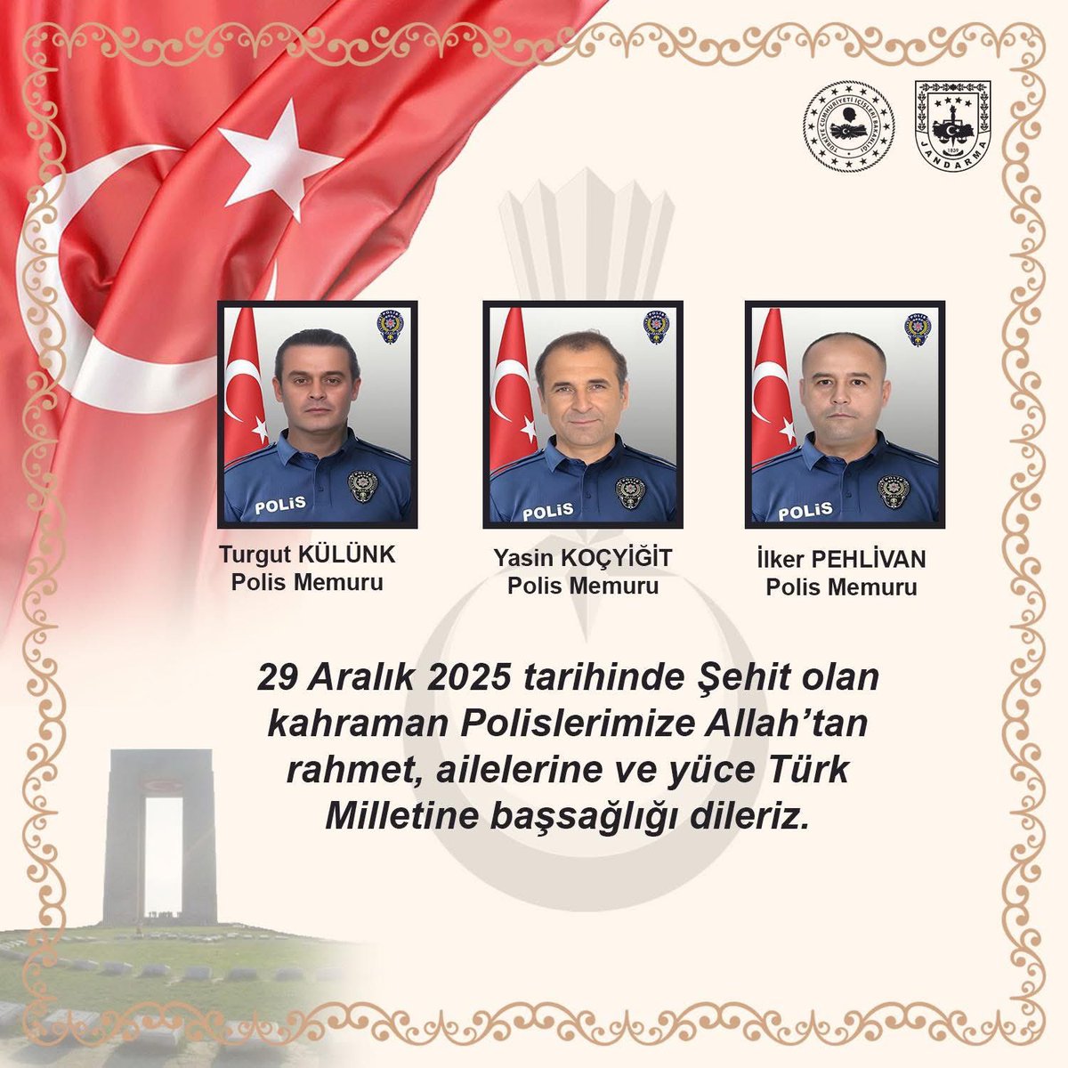 Şehit olan kahraman Polislerimize Allah’tan rahmet, ailelerine sabır ve başsağlığı dilerim.

Hastanede tedavileri devam eden kahraman Polislerimize ve kahraman Bekçimize acil şifalar dilerim.