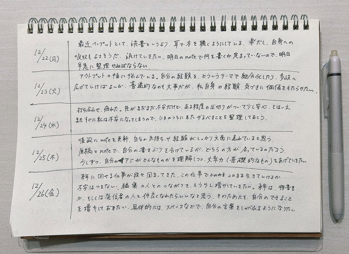 tsumugi_utatabi's tweet photo. やりたいことがわからなくなったら
「答えを出そうとする」のではなく
「いま感じていること」をひたすら書き出すといい。

答えを出す技術もいいが、“自分との関係を取り戻す時間”が人生を地道に前に運んでくれる。所感と実例をまとめてみました。 https://t.co/yDohfl1sQg