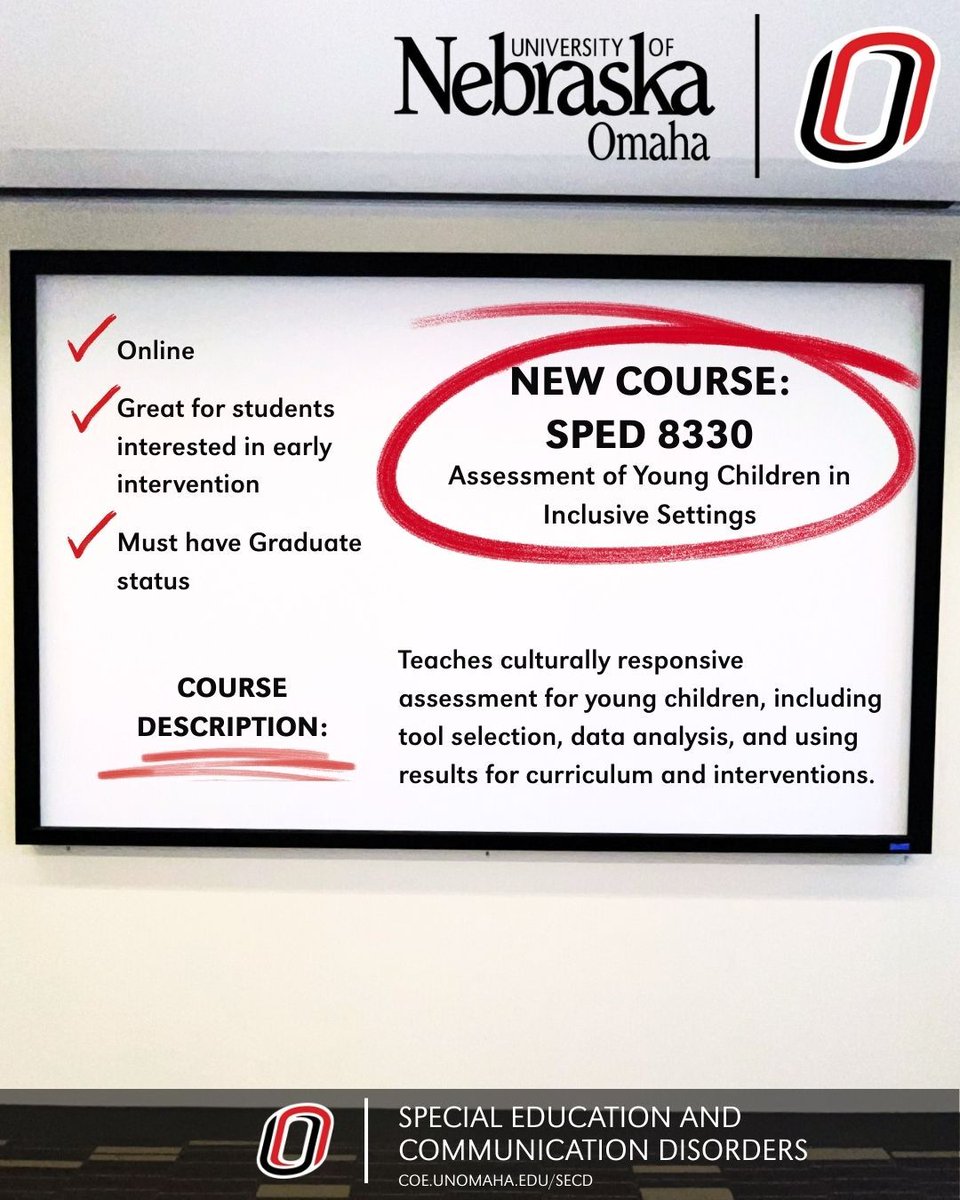 UNOSECD's tweet photo. Explore the world of early childhood assessment with SPED 8330!
This 3-credit course equips students with the skills to select appropriate assessment tools, interpret results, and plan effective, inclusive interventions for children birth to age eight. @unocehhs @unosecd #sped https://t.co/7vOv0ZcwwW