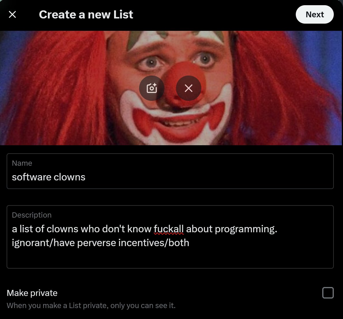 loochlabs's tweet photo. @ThePrimeagen I made a new list to collect these clowns https://t.co/tolPYnWf54