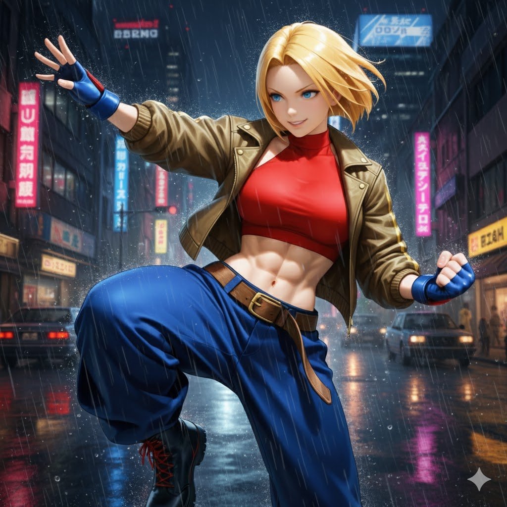 ブルー・マリー 小雨の中、戦うマリーさん。※Geminiで再編集 #ブルー