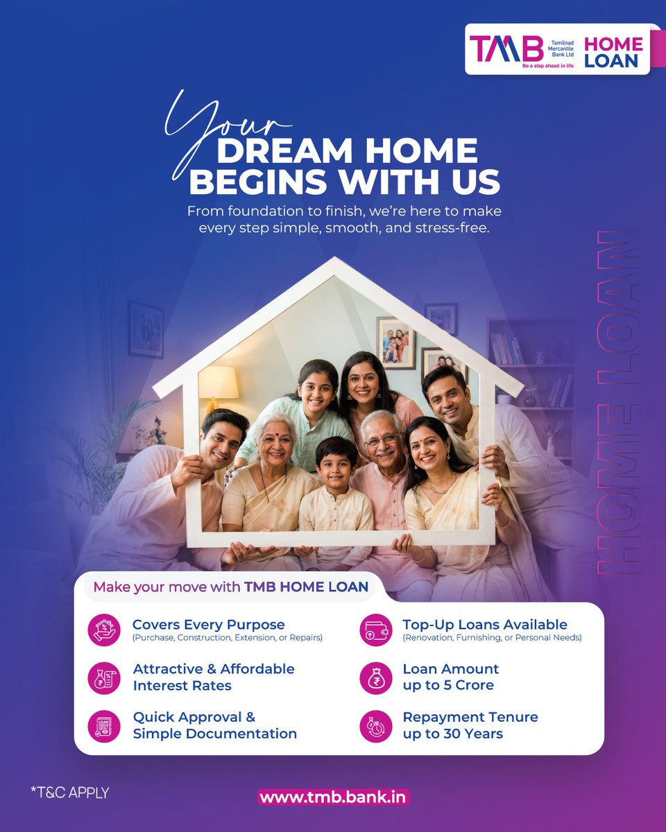 Your dream home deserves a strong foundation.

TMB Home Loan makes the journey simple, reliable, and stress-free, right from start to finish.

#TMB #TamilnadMercantileBank #HomeLoan #DreamHome #HomeGoals