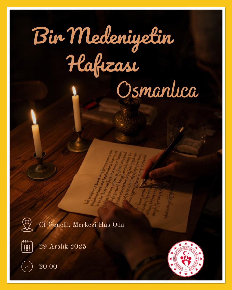 Bir medeniyetin hafızası Osmanlıca…
Geçmişle bağ kurmak isteyen tüm gençlerimizi bekliyoruz.

📍Yer : Of Gençlik Merkezi Hasoda
📅 29/12/2025
⏰ 20.00

@oa_bak <a href="/gencliksporbak/">Gençlik ve Spor Bakanlığı 🇹🇷</a> @gsbgenclik <a href="/lokmanaricioglu/">Lokman ARICIOĞLU 🇹🇷🇹🇷🇹🇷</a> @gsb_trabzon
